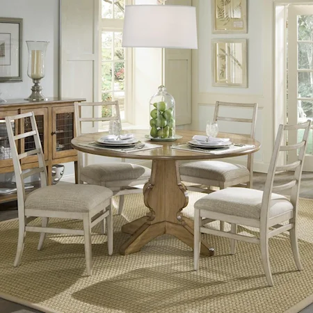 Straw Finish Round Pedestal Table & 4 Linen Finish Ladder Back Side Chairs